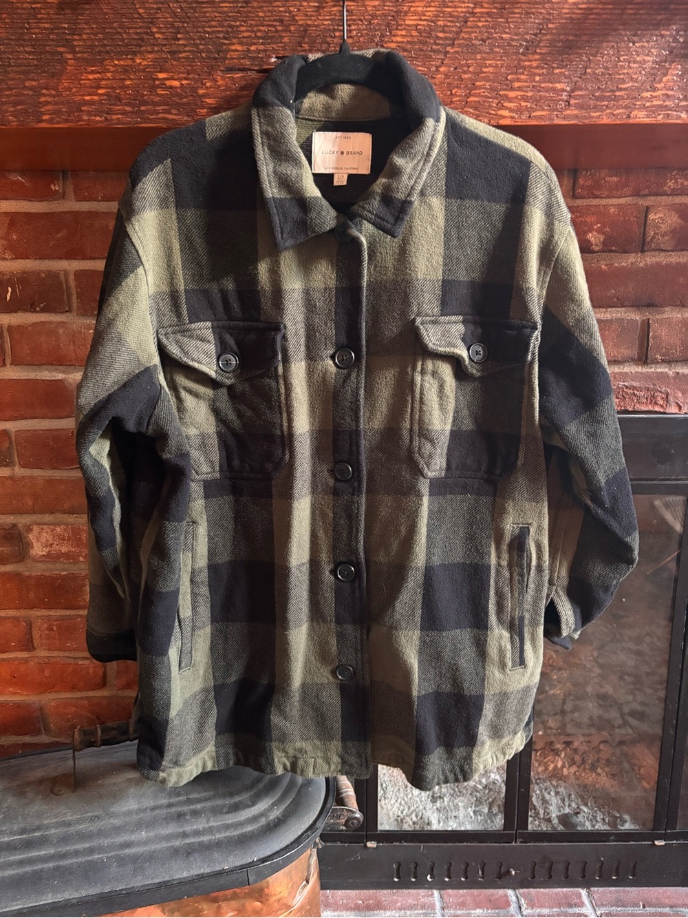 Lucky Brand Olive Green Buffalo Plaid Fleece Shacket Jacket Size L